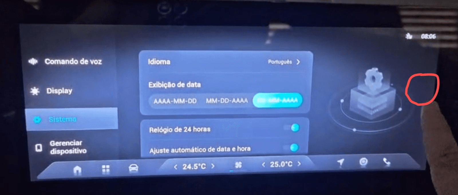 System screen on an Omoda or Tiggo head unit with the 10-tap area circled in red